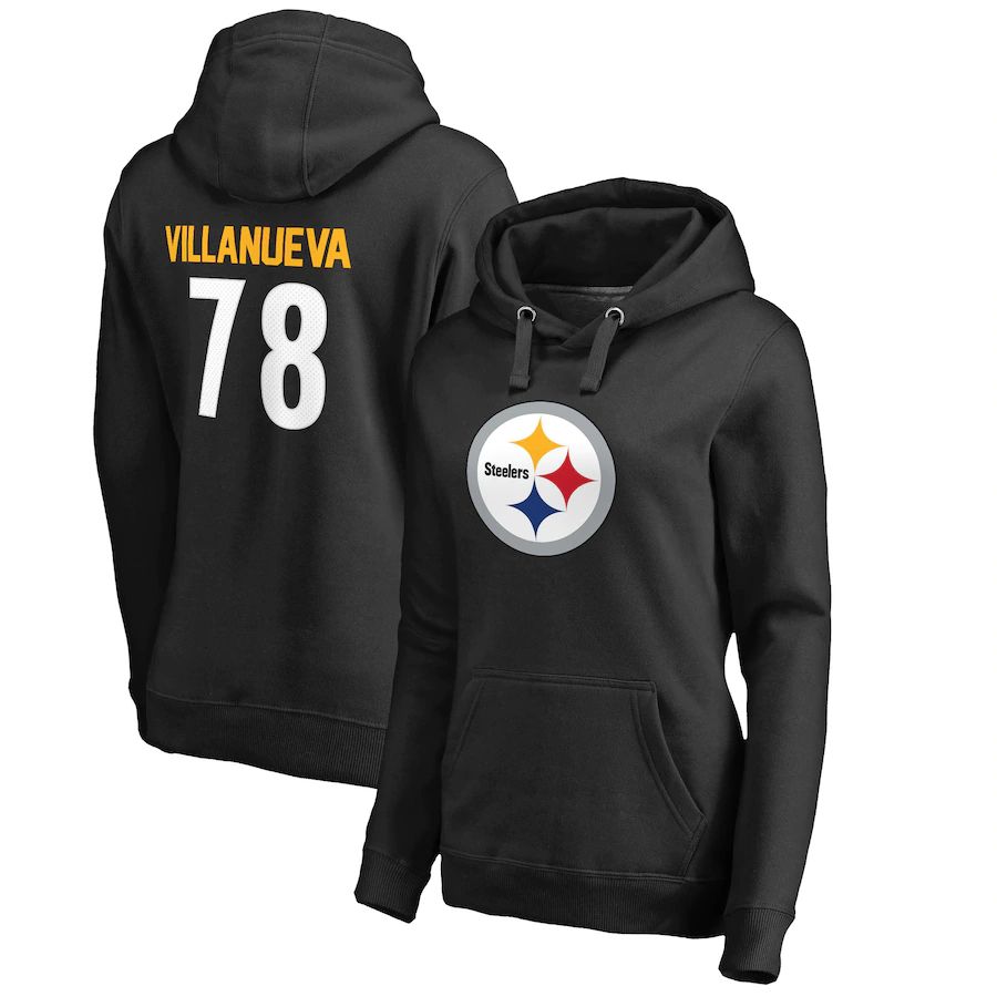 Women Pittsburgh Steelers #78 Alejandro Villanueva NFL Pro Line by Fanatics Branded Black Player Icon Name & Number Pullover Hoodie->women nfl jersey->Women Jersey